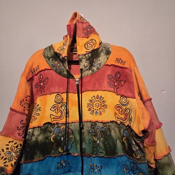 Rising Int'l Rainbow Floral Patchwork Hoodie Sweatshirt Womens XL Hippie Boho - Picture 3 of 9